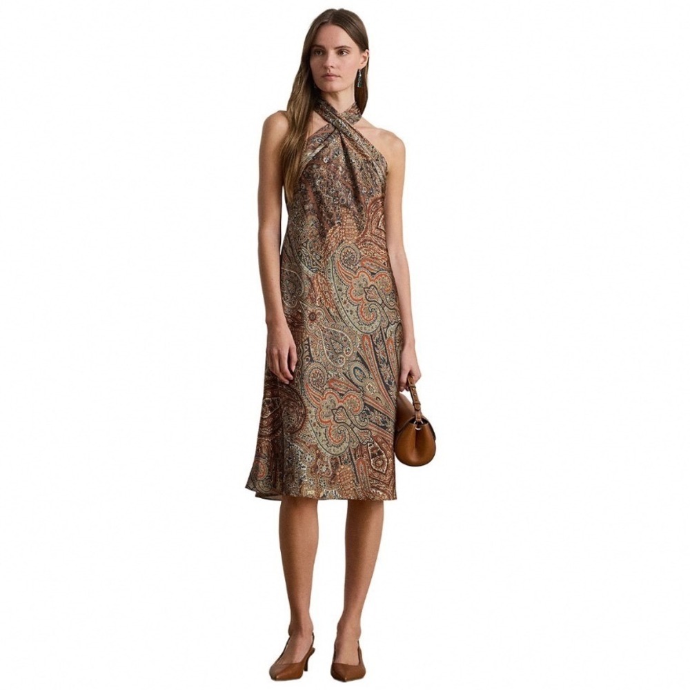 Lauren Ralph Lauren Paisley Charmeuse Halter Cocktail Dress White Multi Size 2